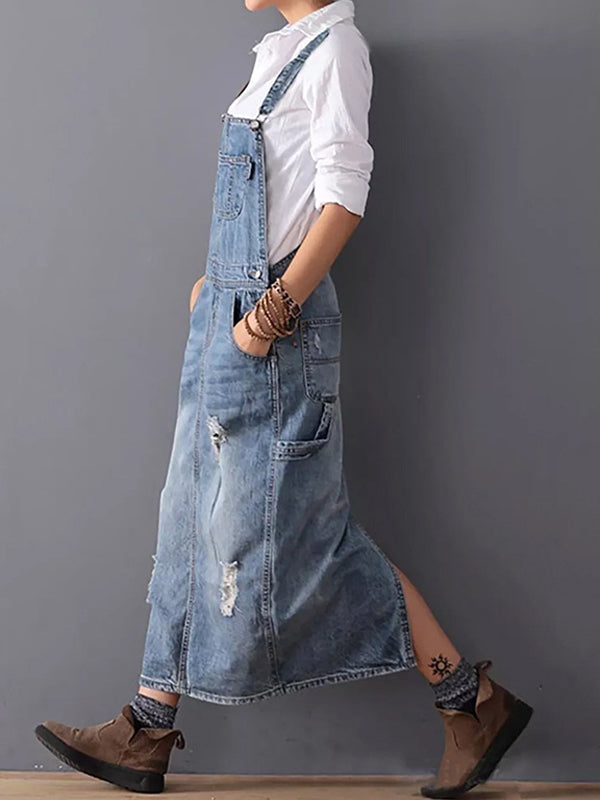 Distressed Denim Overall Dress with Back Slit