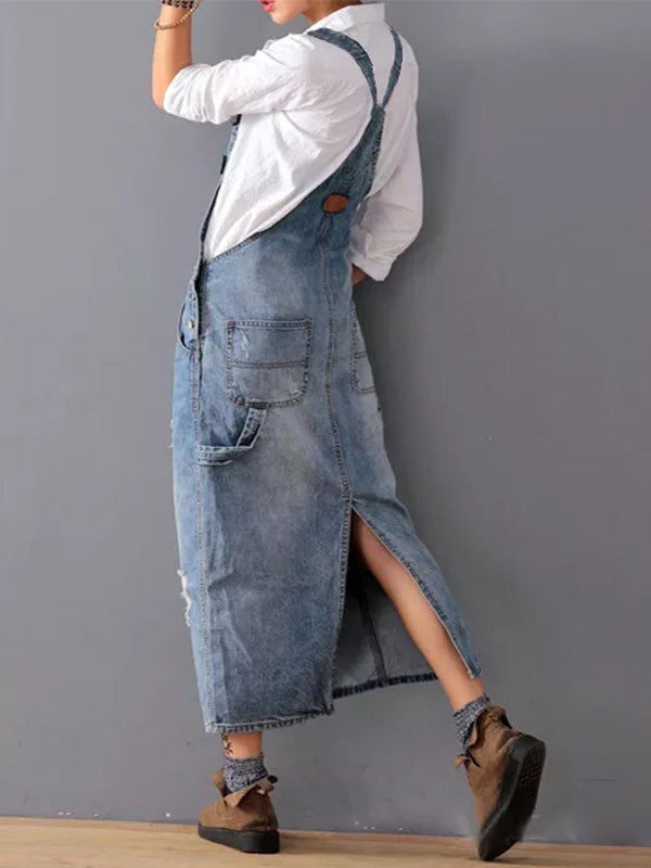 Distressed Denim Overall Dress with Back Slit