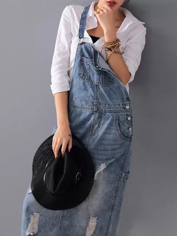 Distressed Denim Overall Dress with Back Slit