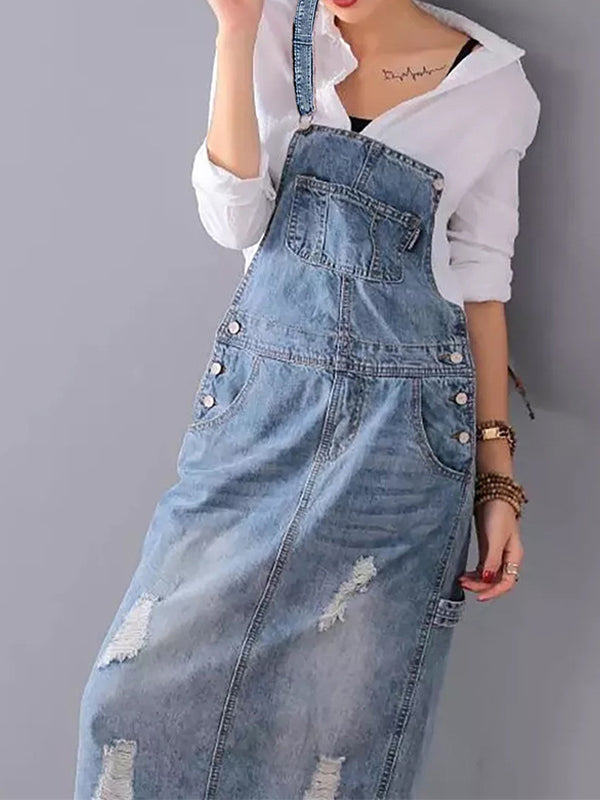 Distressed Denim Overall Dress with Back Slit