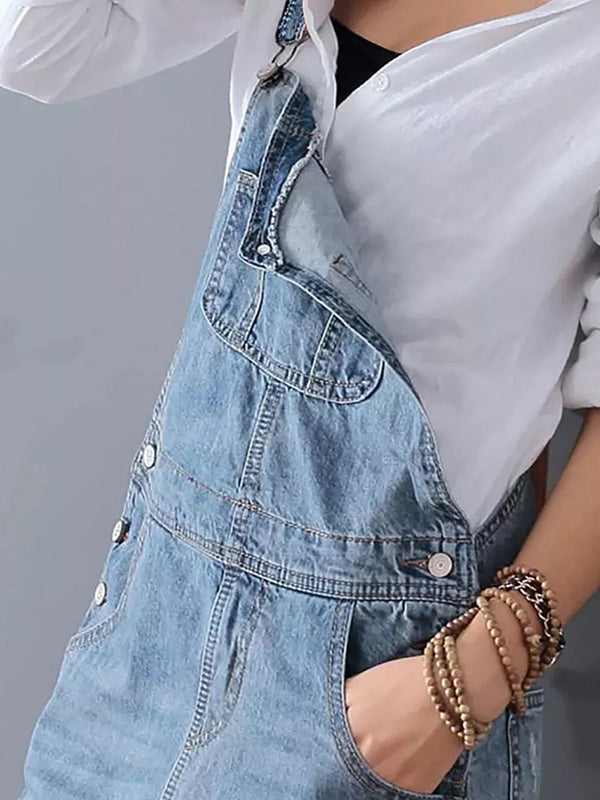 Distressed Denim Overall Dress with Back Slit