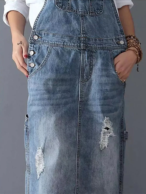 Distressed Denim Overall Dress with Back Slit