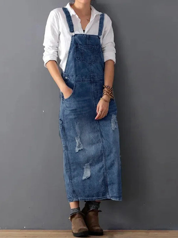 Distressed Denim Overall Dress with Back Slit