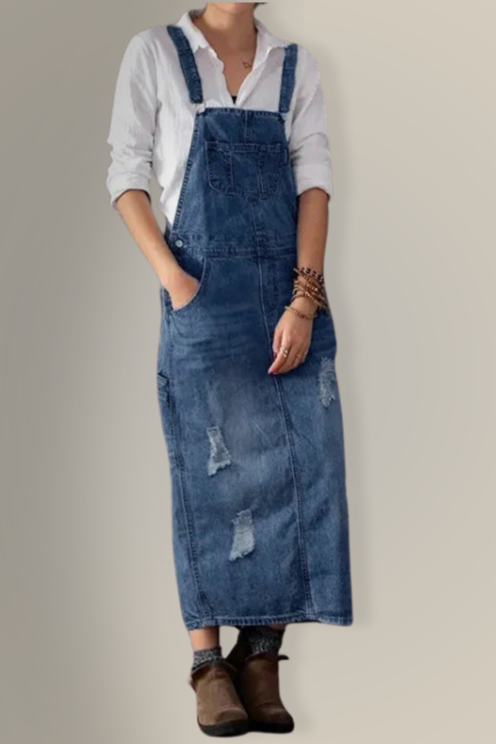 Distressed Denim Overall Dress with Back Slit
